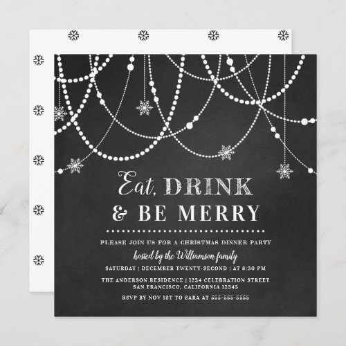 Hanging Lights  Chalkboard  Eat Drink  Be Merry Invitation