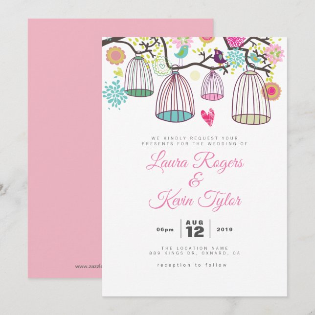 Hanging Love-Birds Cages & Retro Flowers Invitation (Front/Back)