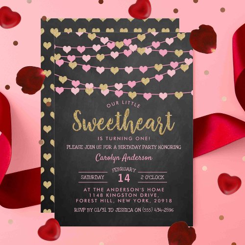 Hanging Love Hearts Little Sweetheart Birthday Invitation