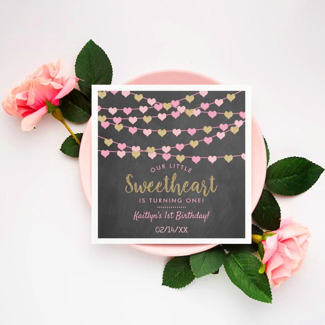 Hanging Love Hearts Little Sweetheart Birthday Napkins (Creator Uploaded)