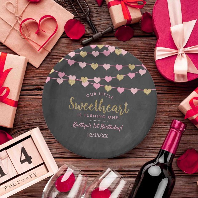 Hanging Love Hearts Little Sweetheart Birthday Paper Plates (Creator Uploaded)