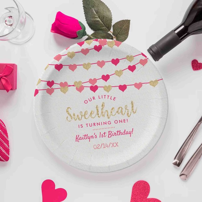 Hanging Love Hearts Little Sweetheart Birthday Paper Plates (Creator Uploaded)