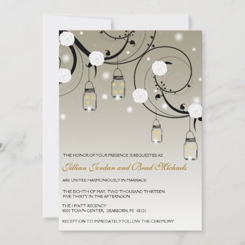 Hanging Mason Jar and Fireflies Wedding Invitation