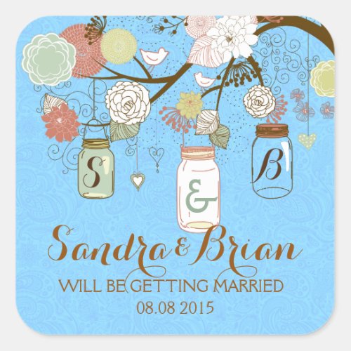 Hanging Mason Jar   Blue Wedding Sticker