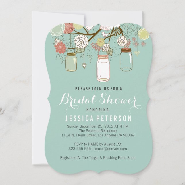 Hanging Mason Jar On Mint Bridal Shower Invitation (Front)