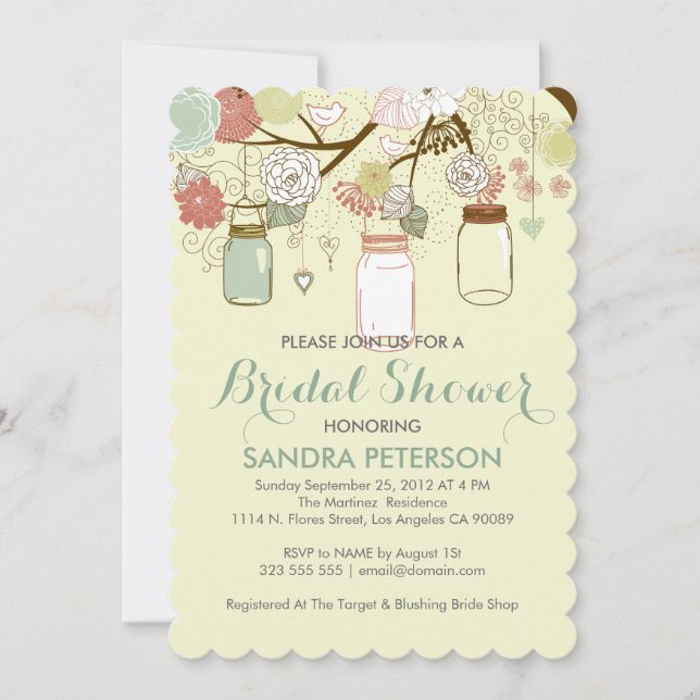 Hanging Mason Jar & Retro Flowers Bridal Shower Invitation (Front)