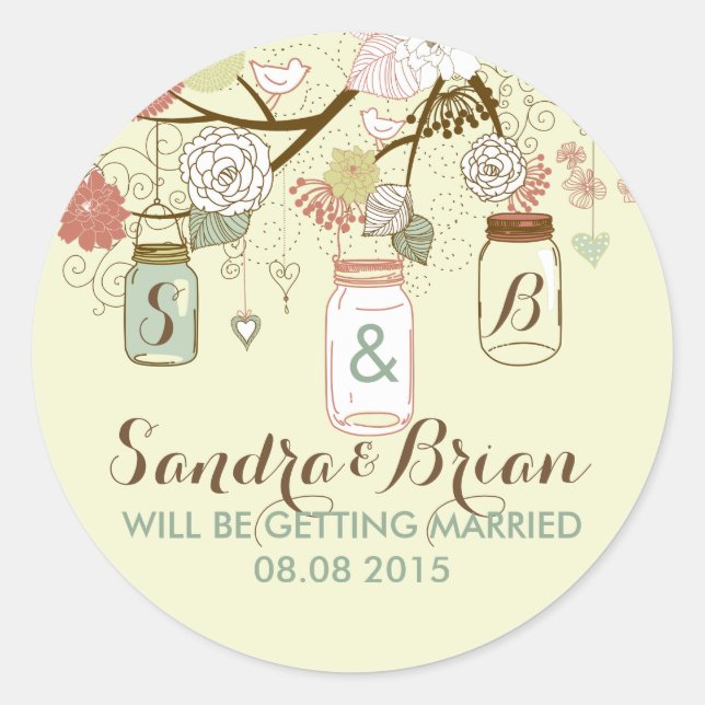Hanging Mason Jar & Retro Flowers Wedding Sticker (Front)