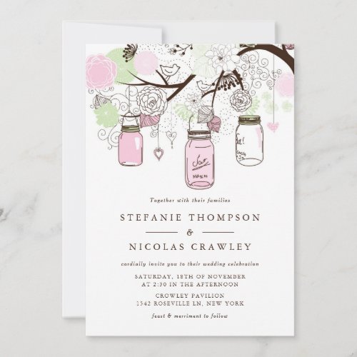 Pink and Mint Green Mason Jars Wedding Invitation