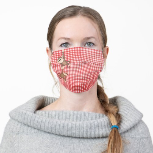 hanging monkeys on red gingham adult cloth face mask