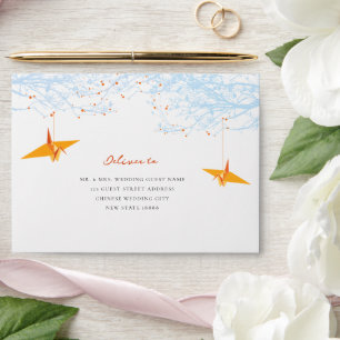 Hanging Orange Origami Cranes & Love Quote Wedding Envelope