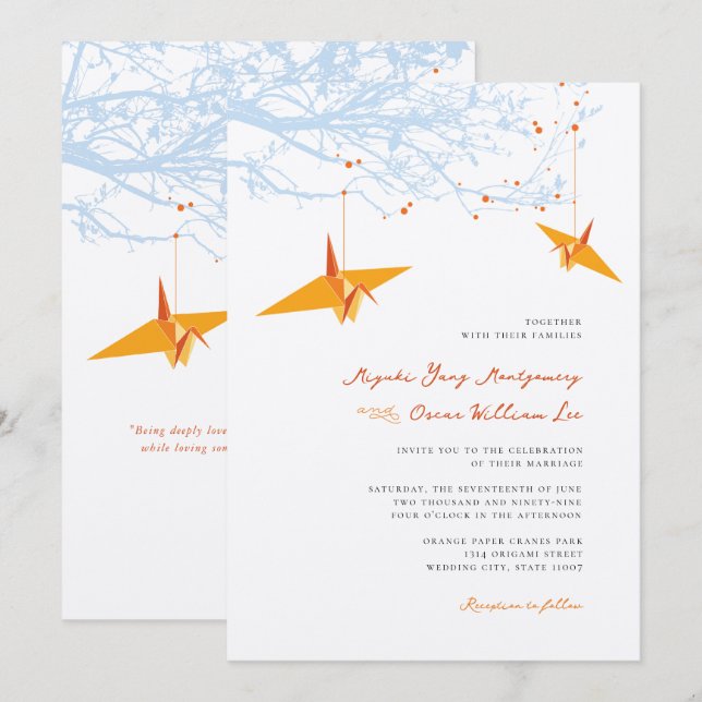 Hanging Orange Origami Cranes & Love Quote Wedding Invitation (Front/Back)