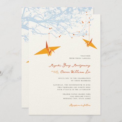 Hanging Orange Origami Cranes  Love Quote Wedding Invitation