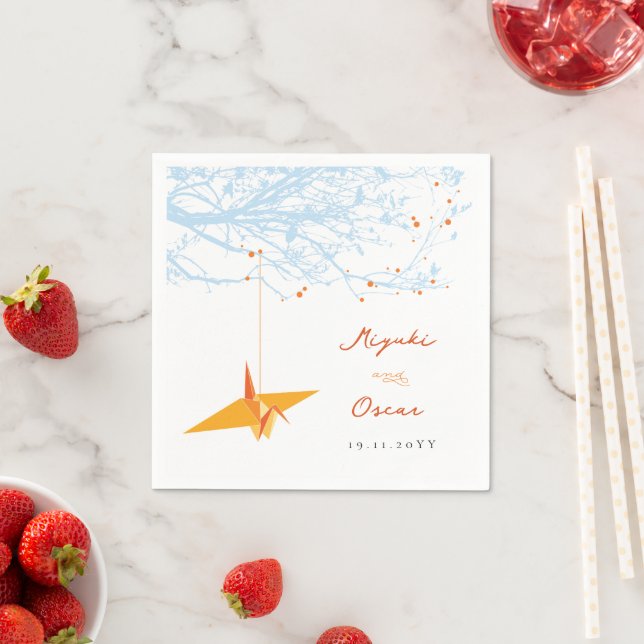 Hanging Orange Origami Paper Crane Asian Wedding Napkins (Insitu)
