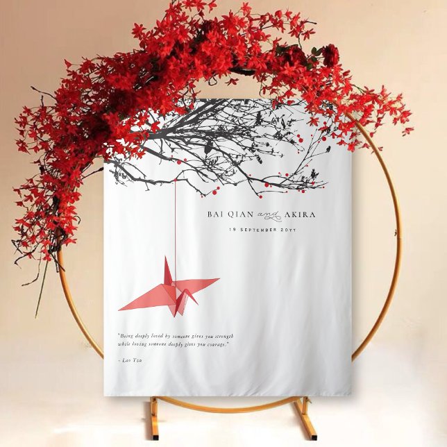 Hanging Origami Paper Crane Wedding Photo Backdrop (Hanging Origami Red Paper Crane & Branches Asian Wedding Photo Backdrop Tapestry @ fatfatin_red_knot)