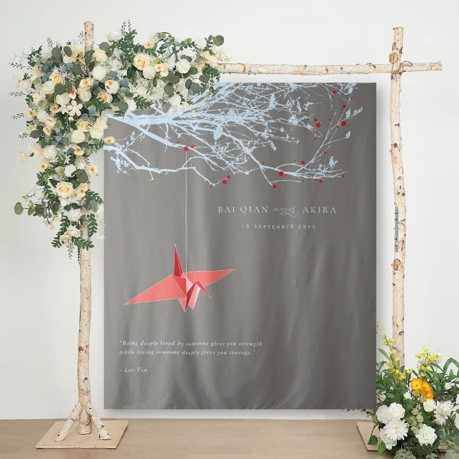 Hanging Origami Paper Crane Wedding Photo Backdrop (Hanging Origami Red Paper Crane On Blue Branches Wedding Photo Backdrop Tapestry @ fatfatin_red_knot)