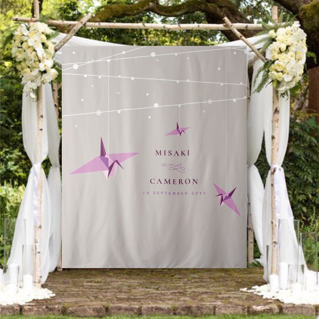 Hanging Origami Paper Crane Wedding Photo Backdrop (Hanging Origami Paper Cranes & Fairy Lights Wedding Photo Backdrop Tapestry @ fatfatin_red_knot)