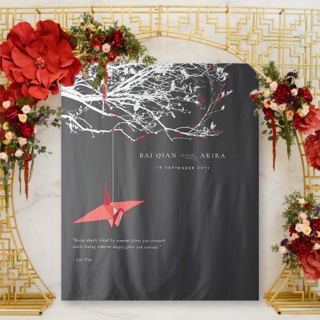 Hanging Origami Paper Crane Wedding Photo Backdrop (Hanging Origami Red Paper Crane On Branches Wedding Photo Backdrop Tapestry @ fatfatin_red_knot)