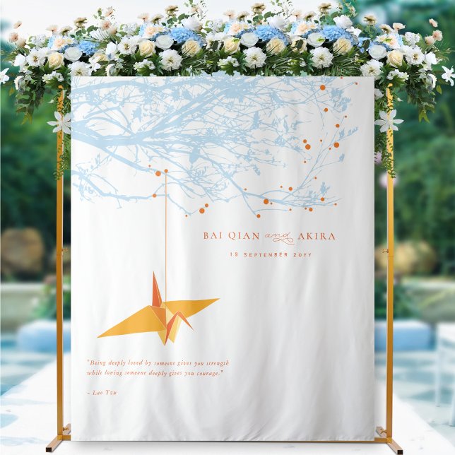 Hanging Origami Paper Crane Wedding Photo Backdrop (Hanging Origami Orange Paper Crane & Branches Wedding Photo Backdrop Tapestry @ ftaftain_red_knot)