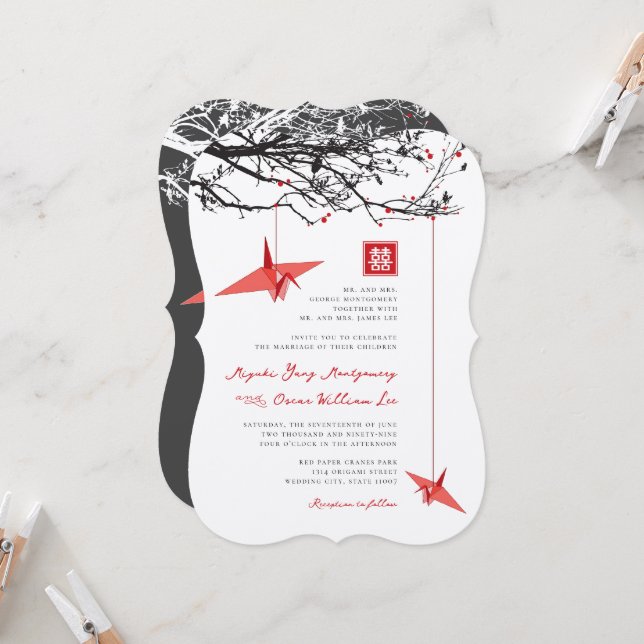 Hanging Origami Paper Cranes Love Quote Wedding 囍 Invitation (Front/Back In Situ)