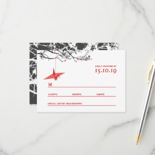 Hanging Origami Red Paper Cranes Asian Wedding RSVP Card