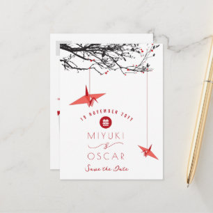 Hanging Origami Red Paper Cranes Zen Save The Date Announcement Postcard