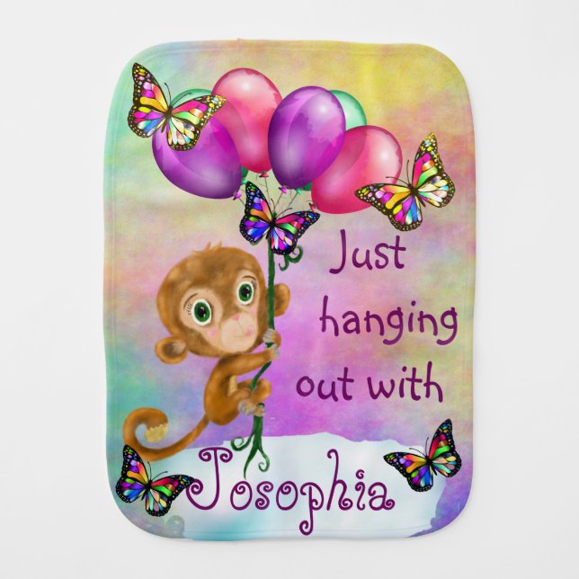 Hanging' Out Funny Monkey, Balloons & Butterflies Baby Burp Cloth (Front)