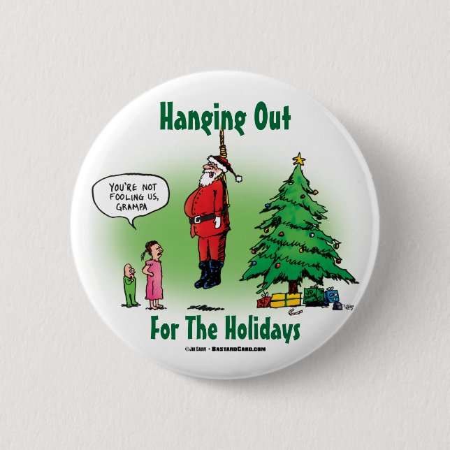 Hanging Out Santa Twisted Cartoon Pinback Button (Front)