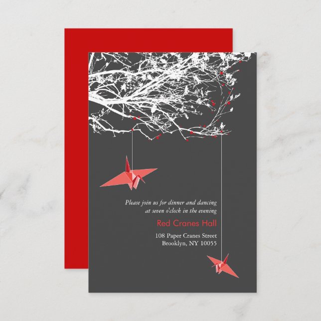 Hanging Paper Cranes On Branches Wedding Reception Invitation (Front/Back)