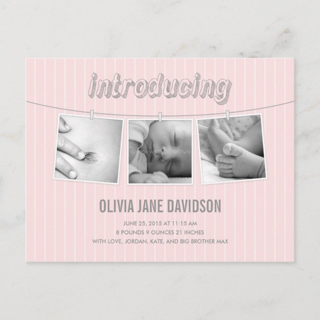 Hanging Pictures Birth Announcement - Baby Girl Postcard (Front)