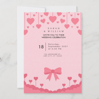 Hanging Pink Hearts Pastel Bow Wedding Invitation