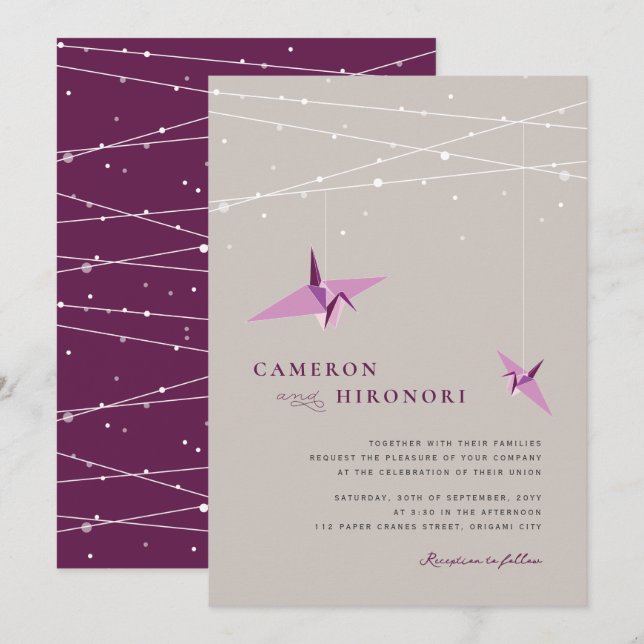 Hanging Purple Paper Cranes & Fairy Lights Wedding Invitation (Front/Back)
