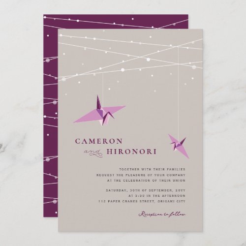 Hanging Purple Paper Cranes  Fairy Lights Wedding Invitation