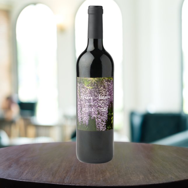 Hanging Purple Wisteria Blooms Personalized Wine Label (In Situ Glass of Wine)
