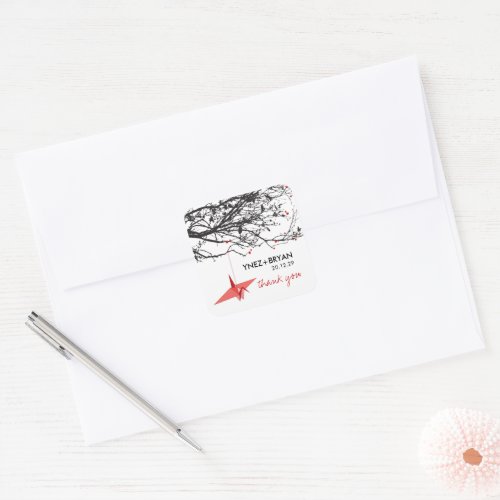 Hanging Red Origami Paper Crane Chic Asian Wedding Square Sticker