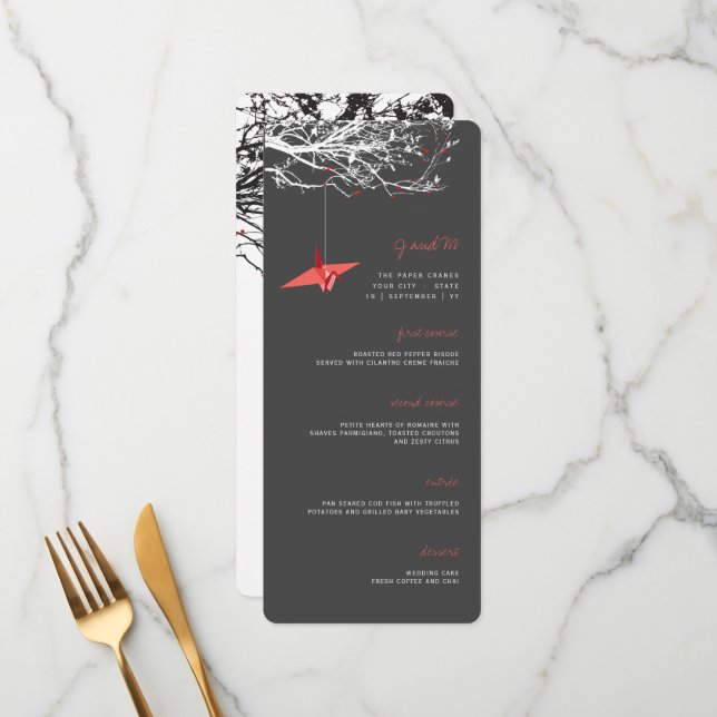 Hanging Red Paper Crane On Branch Asian Wedding Menu (Front/Back In Situ)