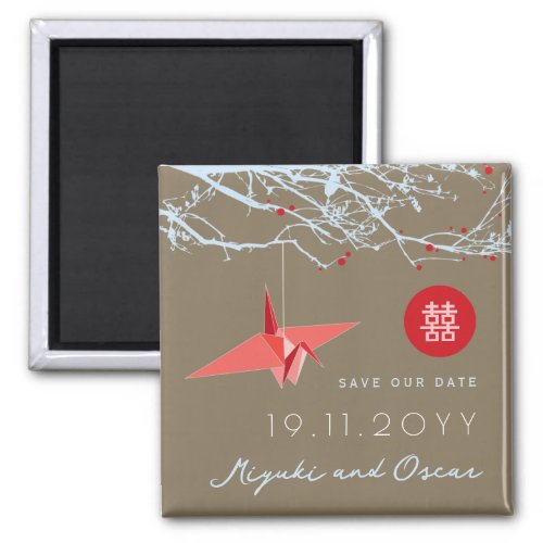 Hanging Red Paper Crane On Branches Save The Date Magnet