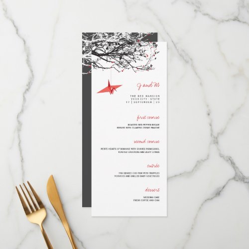 Hanging Red Paper Cranes Asian Wedding Menu Card