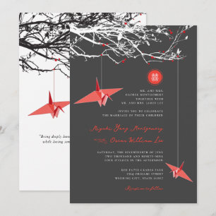 Hanging Red Paper Cranes Love Quote Asian Wedding  Invitation