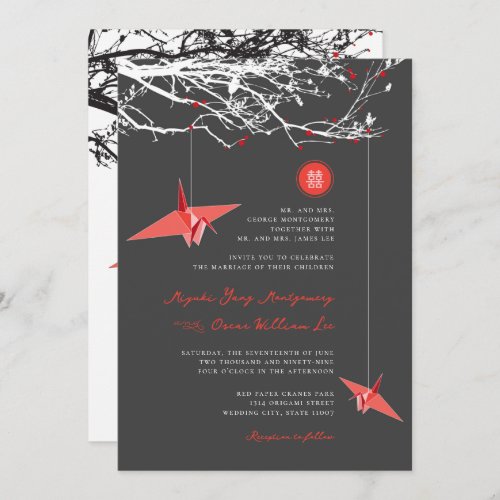 Hanging Red Paper Cranes Love Quote Asian Wedding Invitation