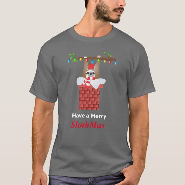 Hanging Santa Sloth with Lights Down the Chimney T-Shirt (Front)