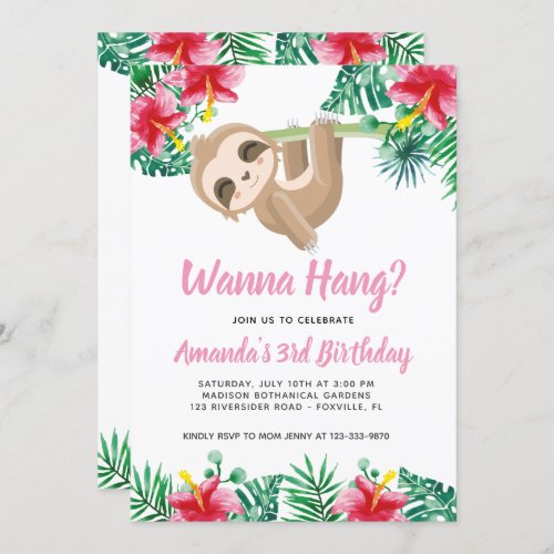 Hanging Sloth Girl Birthday Invitation
