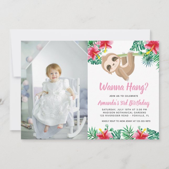 Hanging Sloth Girl Birthday Photo Invitation (Front)