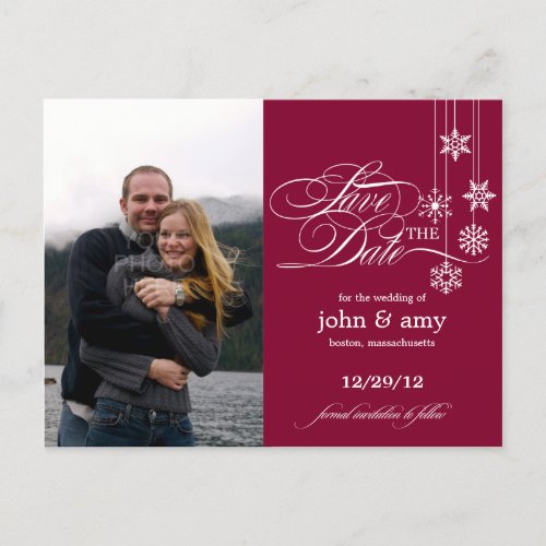 Hanging Snowflakes Photo Save The Date Red Announcement Postcard