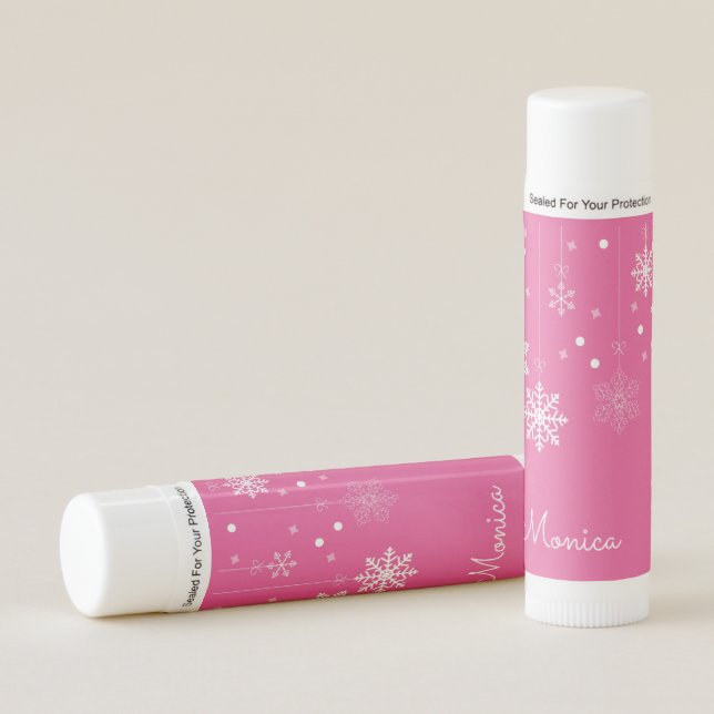 Hanging Snowflakes Pink Personal Name Lip Balm (Front)