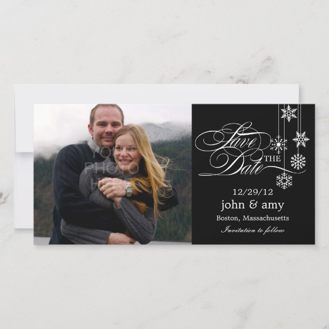 Hanging Snowflakes Save The Date Card - Black (Front)