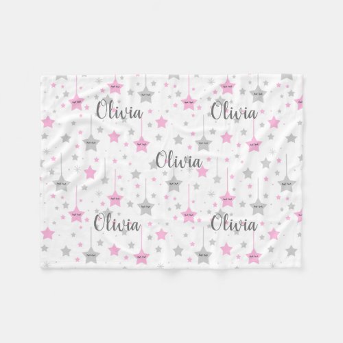 Hanging Star Pink Gray Baby Girl Nursery Fleece Blanket