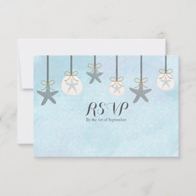 Hanging Starfish & Sand Dollar Beach RSVP card (Front)