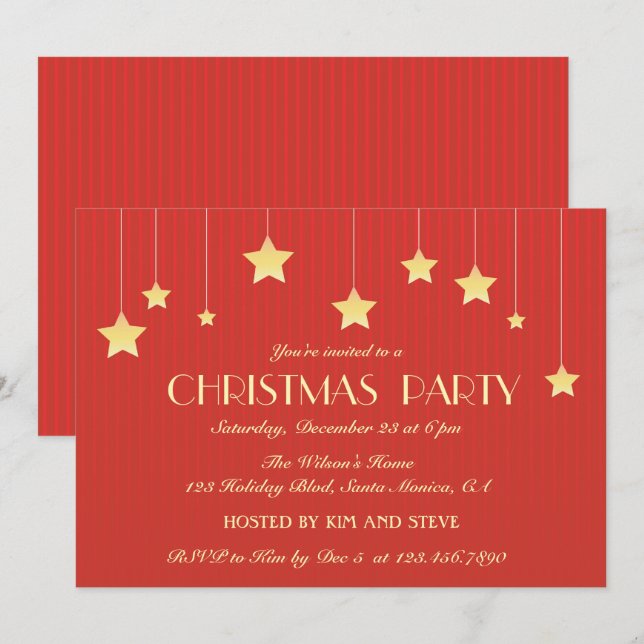 Hanging Stars Red Holiday Party Invitation (Front/Back)