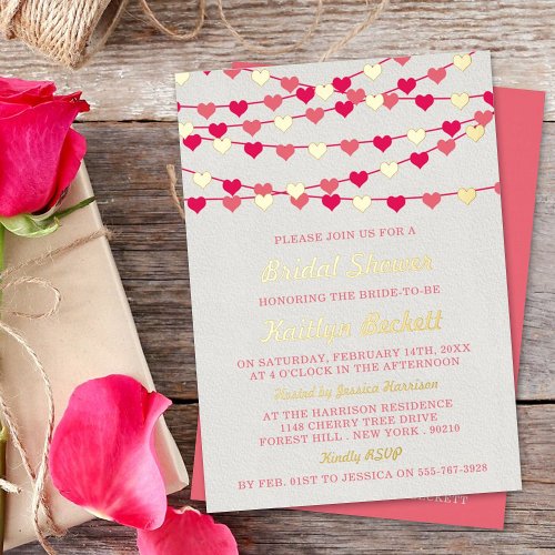 Hanging String Love Hearts Bridal Shower Real Foil Invitation