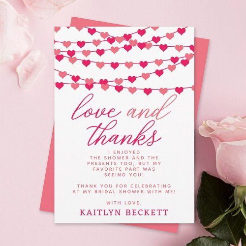 Hanging String Love Hearts Bridal Shower Thank You Card